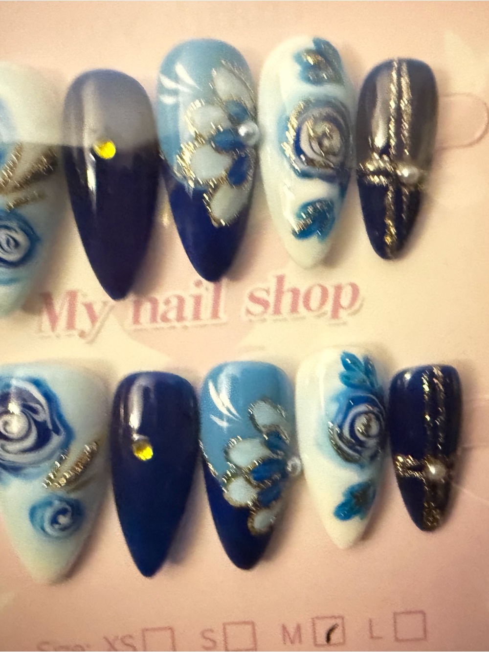Hand-Painted Blue Floral Press-On Nails by